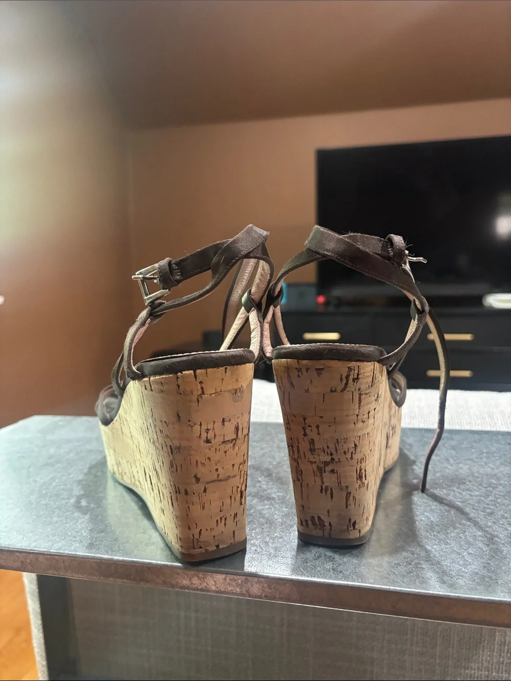 Womens Prada Brown Cork Wedge Sandals - Platform Strappy Heels